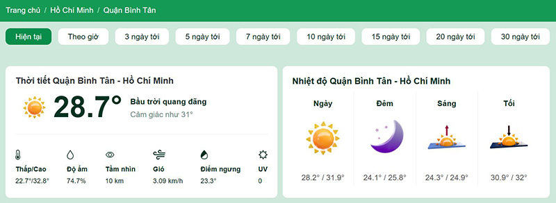 Dự báo thời tiết Bình Tân