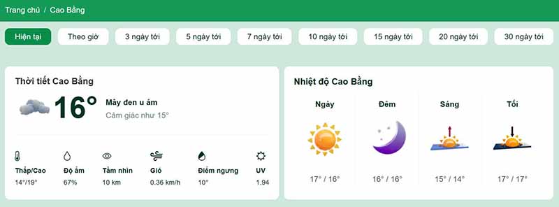 Dự báo thời tiết Cao Bằng
